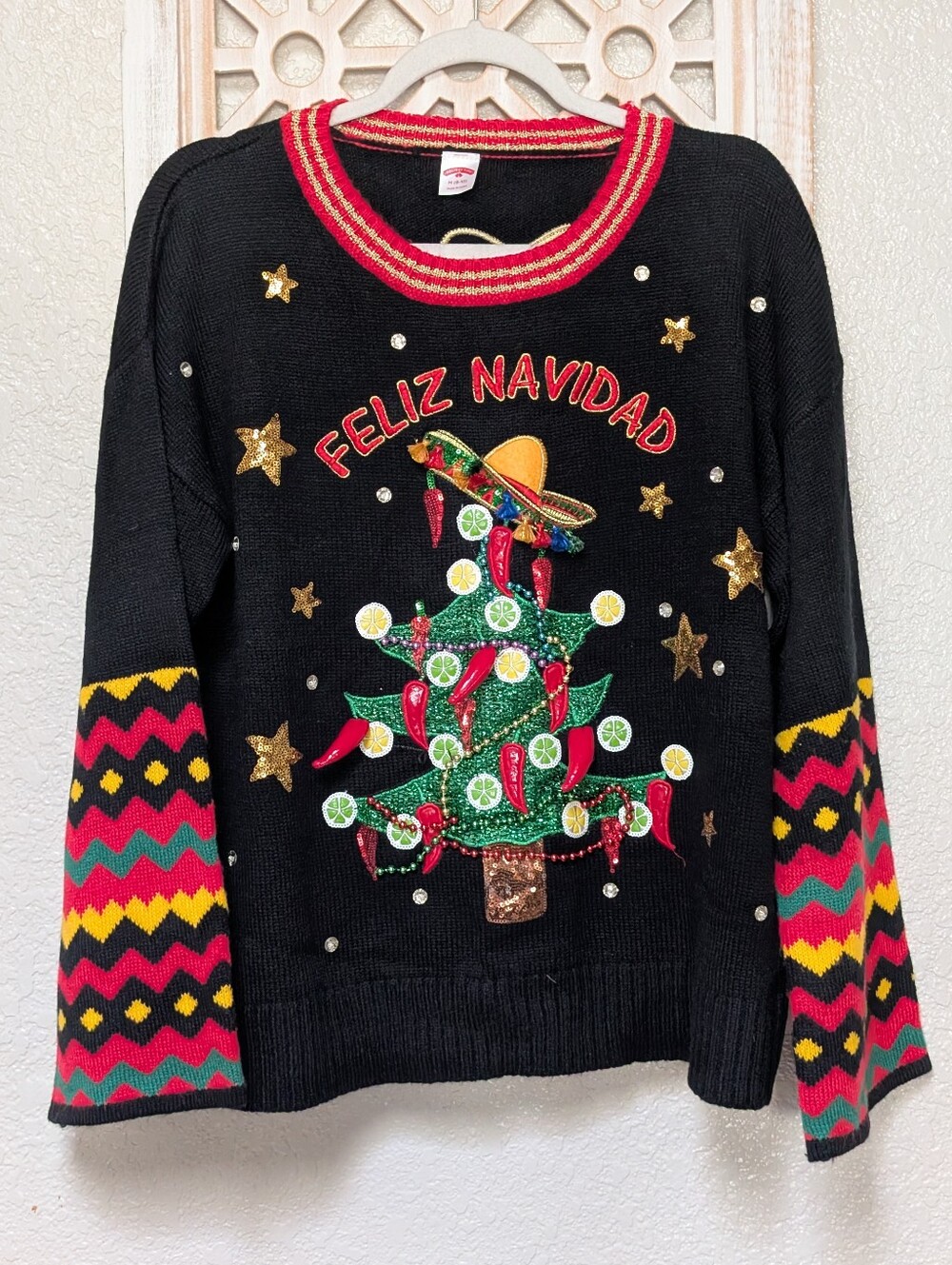 Holiday Time Ugly Sweater Feliz Navidad Peppers Beaded Sequin Womens Med 8-10